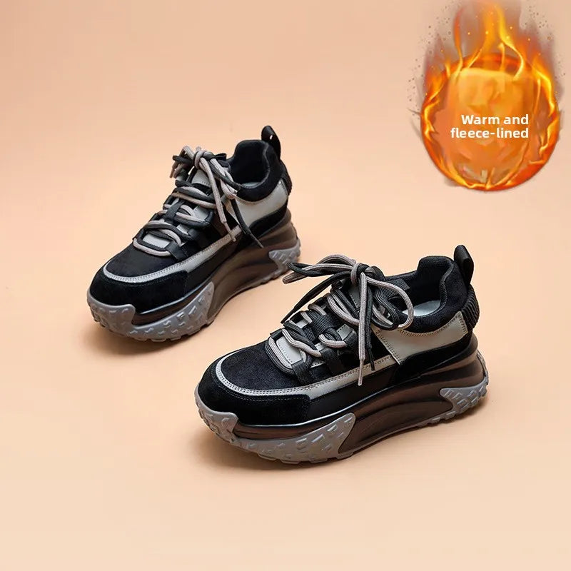 Women's Fashionable Thick Bottomed Leather Dad Shoes Winter Season Casual Style Korean Trend round Toe High Heel Sport Shoes