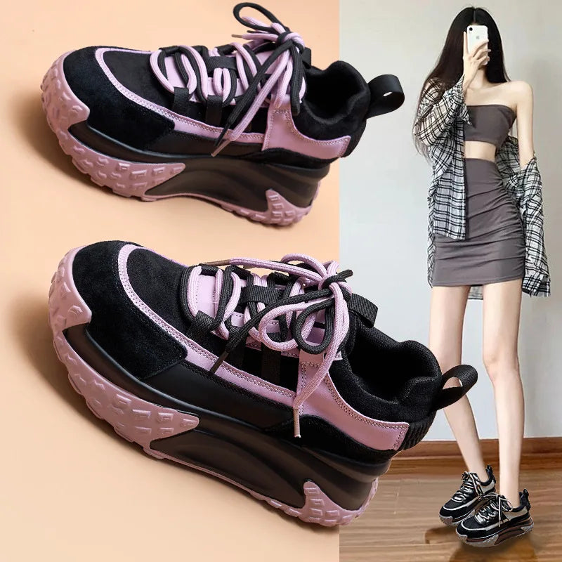 Women's Fashionable Thick Bottomed Leather Dad Shoes Winter Season Casual Style Korean Trend round Toe High Heel Sport Shoes