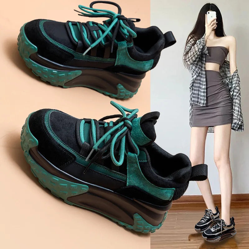 Women's Fashionable Thick Bottomed Leather Dad Shoes Winter Season Casual Style Korean Trend round Toe High Heel Sport Shoes